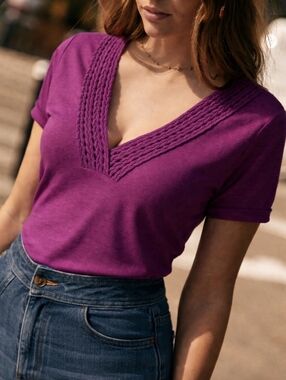 Sezane Miranda 100% Linen T Shirt Dark Berry Small NWOT
